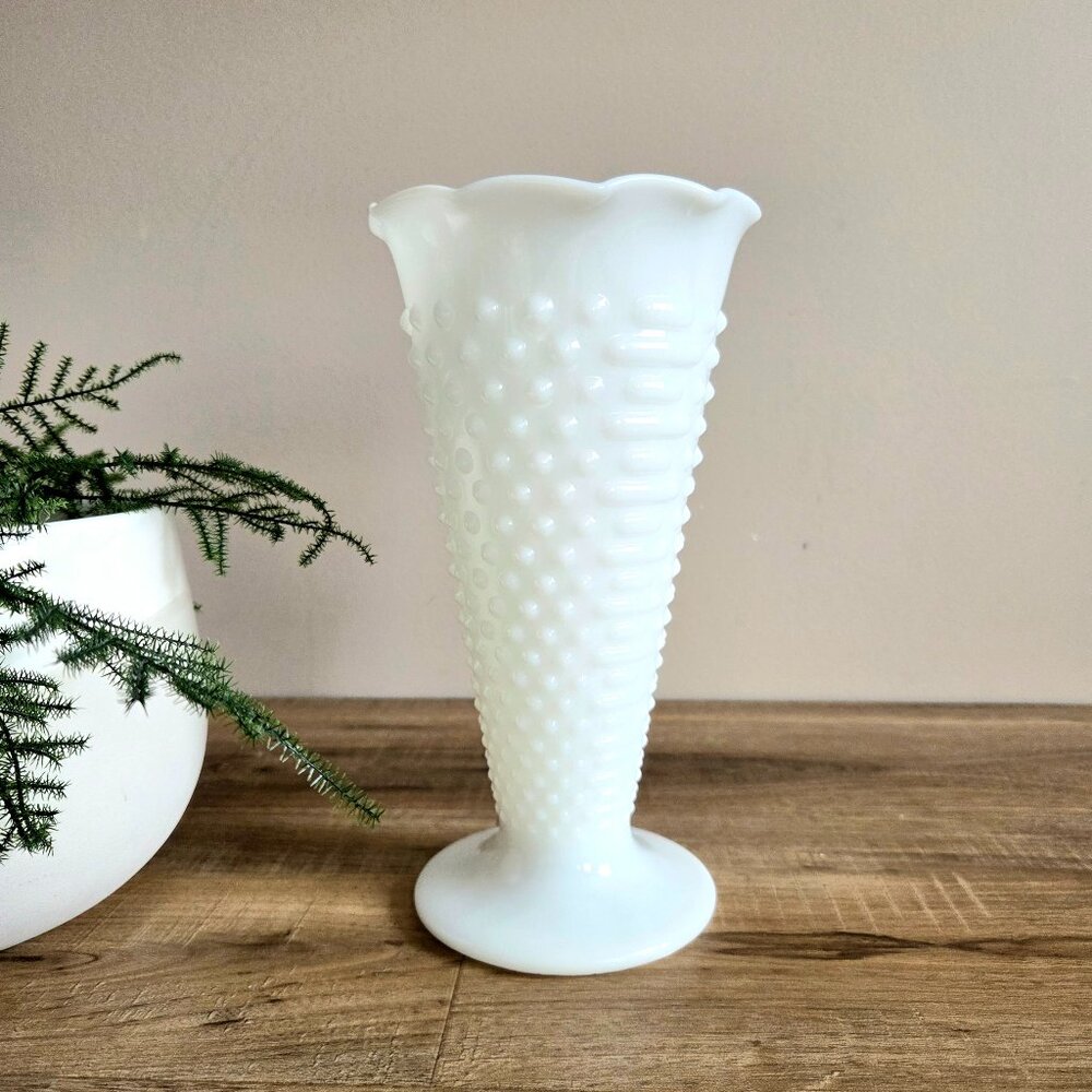 Vintage large Anchor Hocking hobnail milk glass vase.